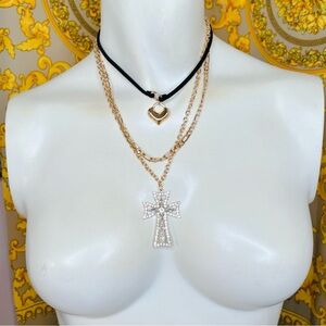 Gold plated Cross crystal layered heart black suede adjustable necklace